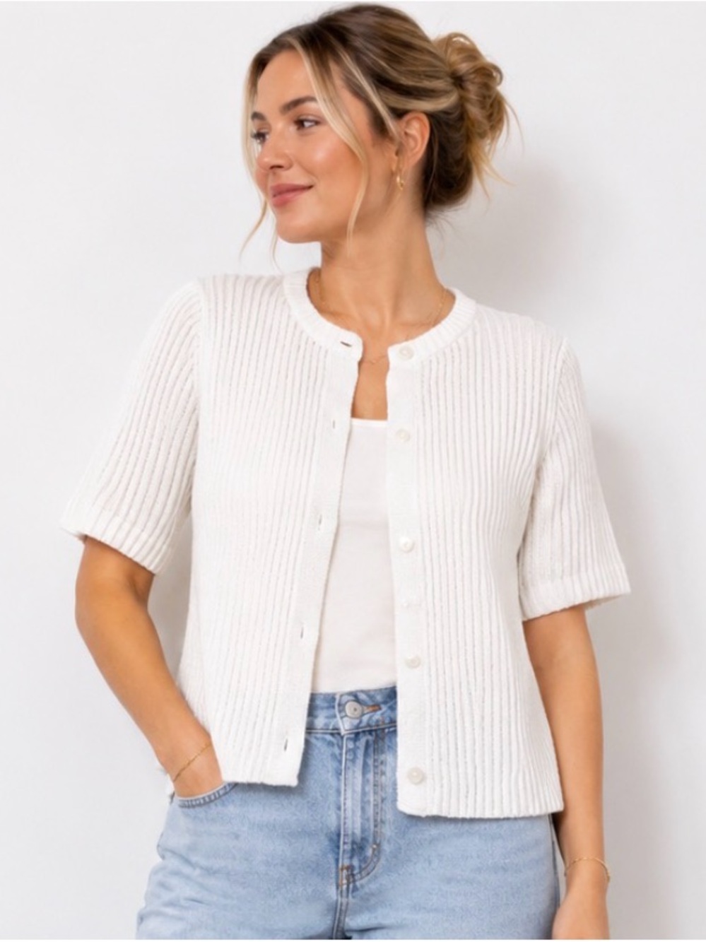 CeCe White Short-Sleeve Ribbed Button-Front Cardigan